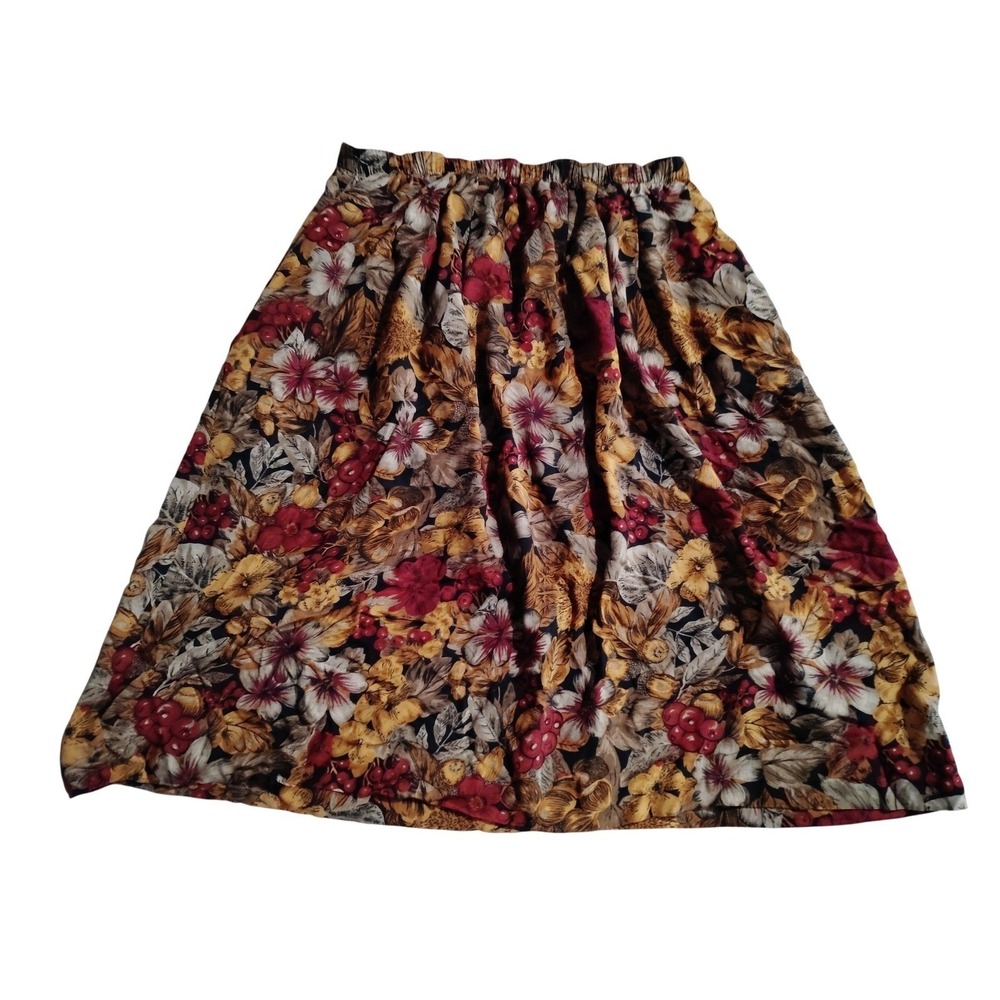 Vincera Sport Vintage 90s Floral Midi Skirt‎ Elastic Waist Pockets Burgundy Gold